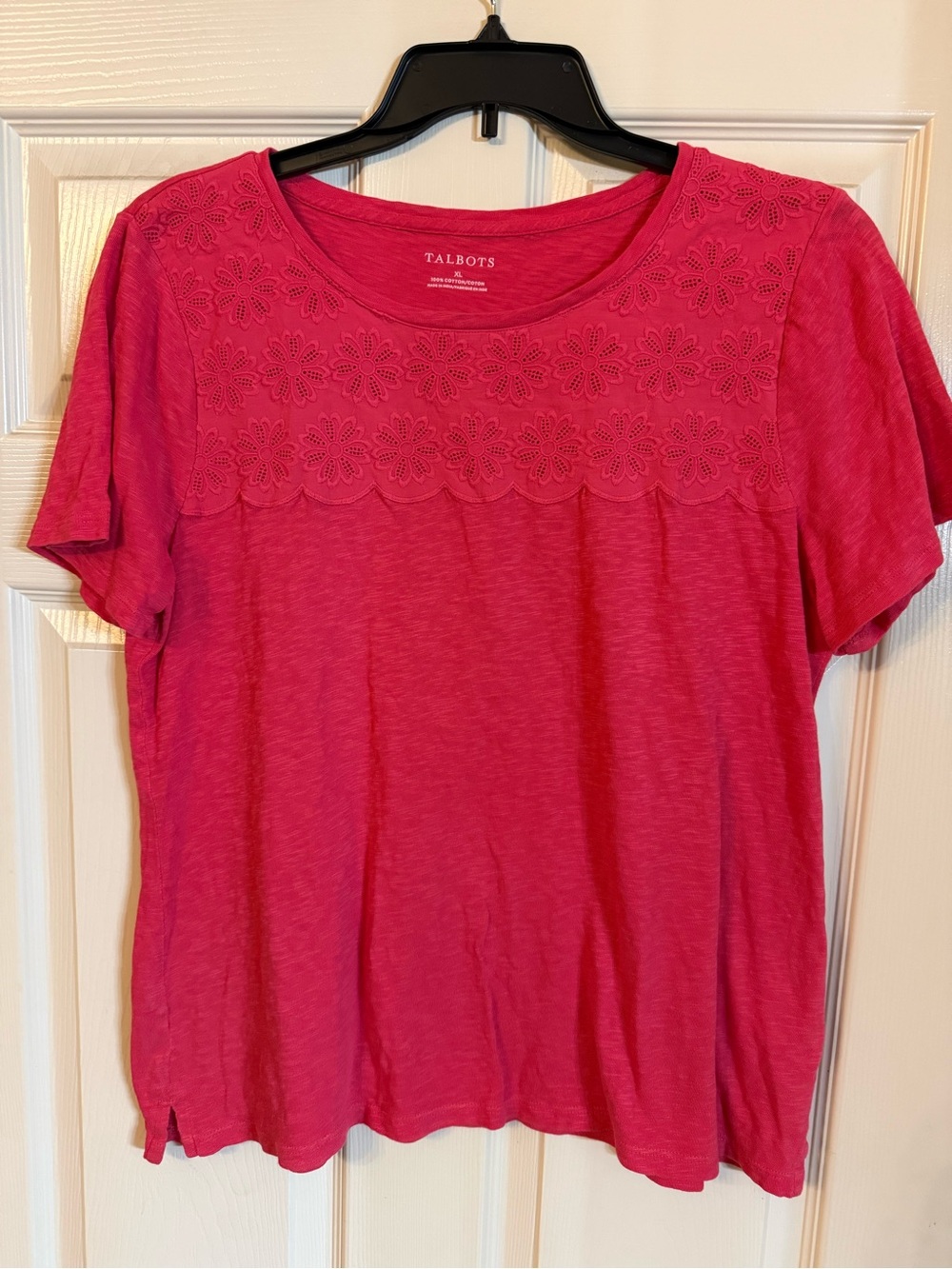 Talbots Hot Pink Floral Eyelet Yoke Short Sleeve Tee